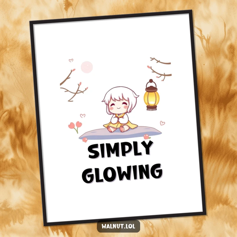 Funny poster artwork of a blissful character seated near a luminous, twinkling lantern, evoking feelings of peace and happiness.