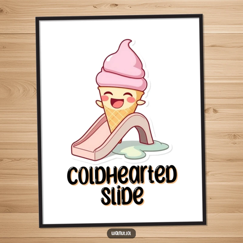 Funny poster art of a laughing ice cream cone character melting on a slide, bringing humor and vibrant color to any wall.