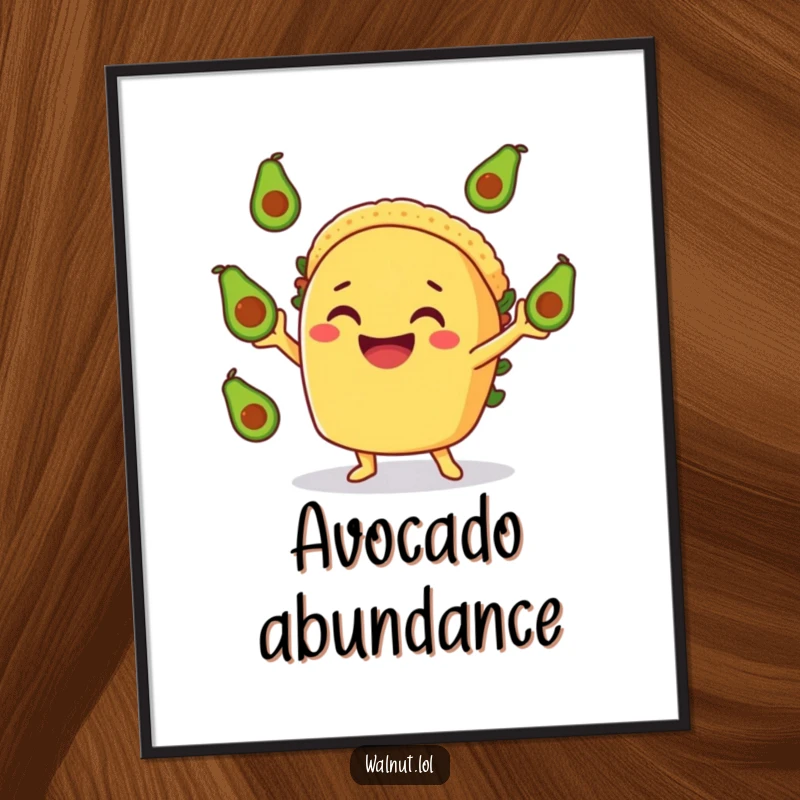 Funny Taco Art Poster: A smiling taco character energetically juggling avocados, bringing funny, festive food vibes to walls.