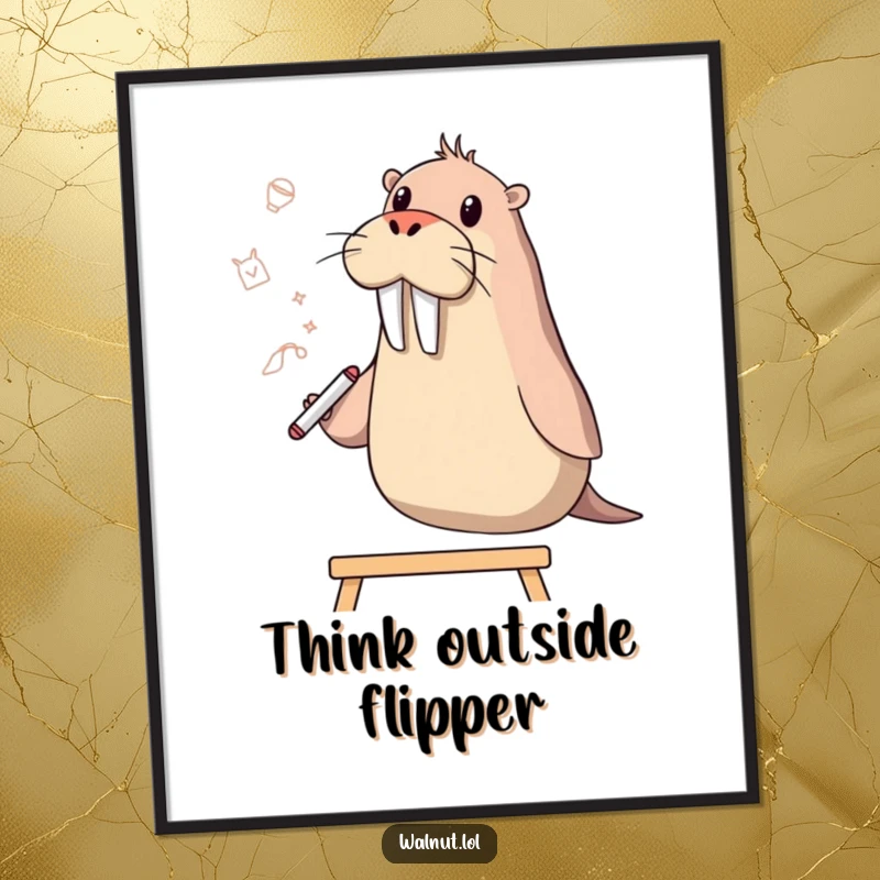 Funny walrus character intently sketching ideas on a whiteboard with a flipper, bringing humor to wall art.