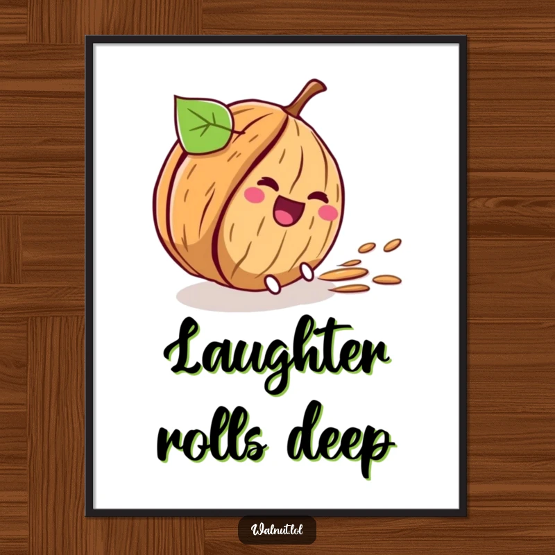 Funny poster of a walnut character comically rolling down a hill, creating a humorous and dynamic visual.