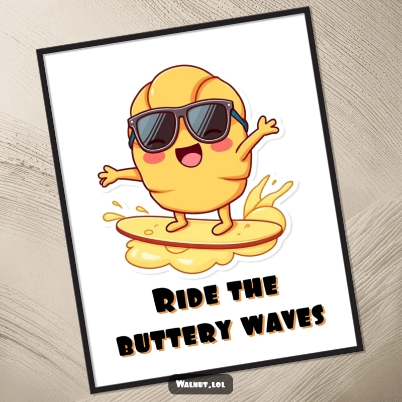 Funny joyful croissant character, sunglasses, surfing on butter ripple, breakfast humor, beach vibe, cool wall art.