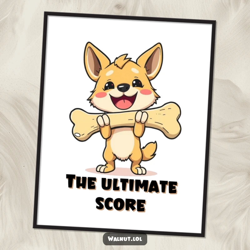 Funny Poster art of a wild dog triumphantly carrying a giant bone, embodying ultimate success and achievement.