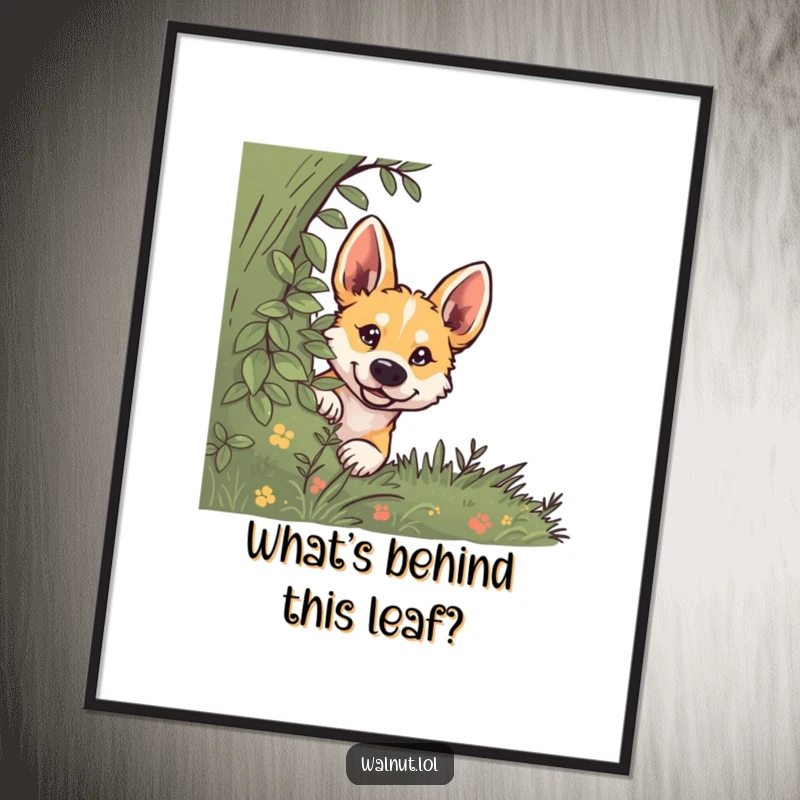 Funny dog poster showing a wild dog peeking curiously from behind a green bush, inviting wonder.