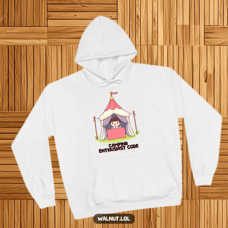 Funny Hoodie depicting a cute character smiling while setting up a colorful tent, perfect for outdoor adventures.