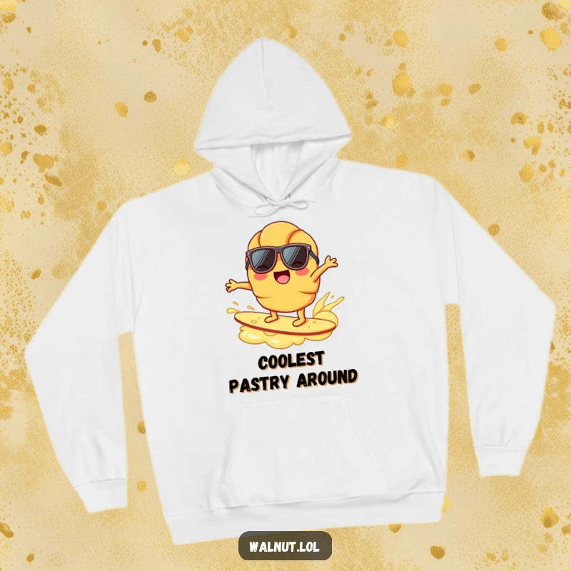 Funny joyful croissant character, sunglasses, surfing on butter ripple, breakfast humor, beach vibe, cozy cool apparel.