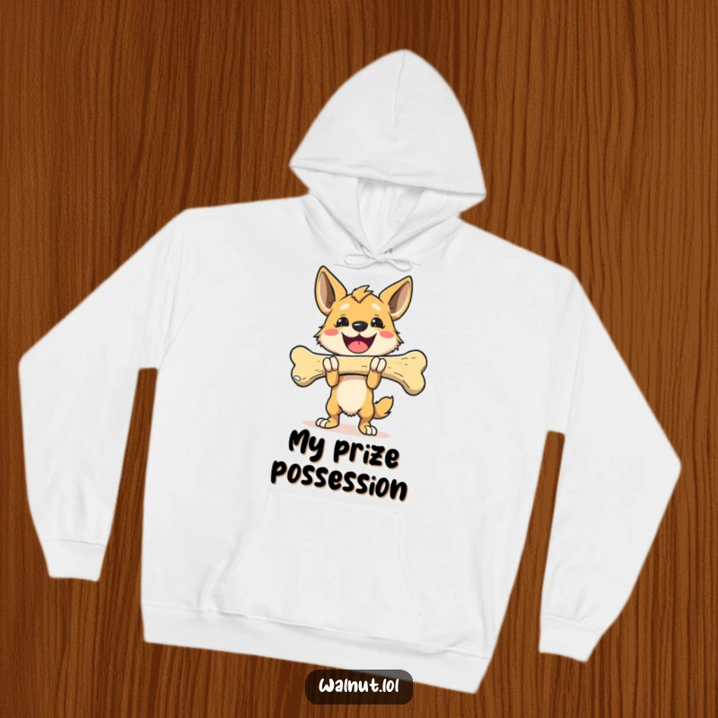 Funny Hoodie featuring a happy wild dog triumphantly carrying a giant bone, symbolizing successful acquisitions.