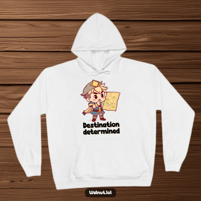Funny hoodie featuring a determined character pointing at a map, designed for comfort during explorations and everyday adventures.