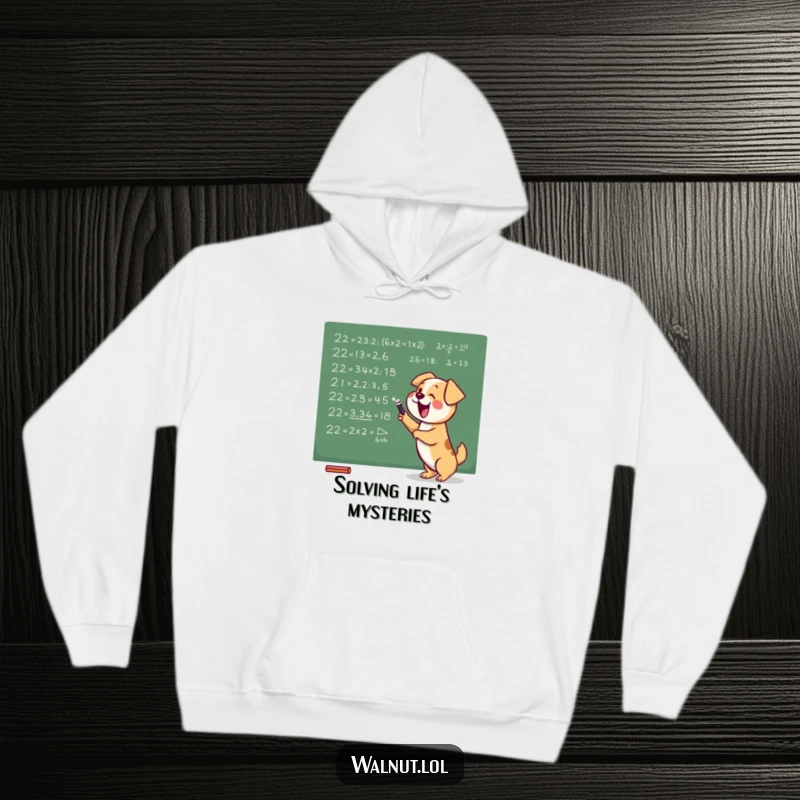 Funny hoodie showing a bright dog deeply focused on scribbling complex mathematical equations on a chalkboard, embodying academic wit.