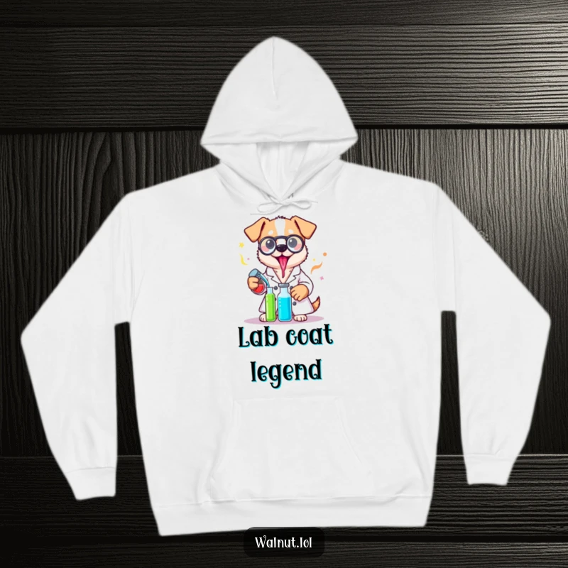 Funny lab coat dog hoodie showcasing a canine chemist in a lab coat, busy mixing colorful potions with enthusiasm.