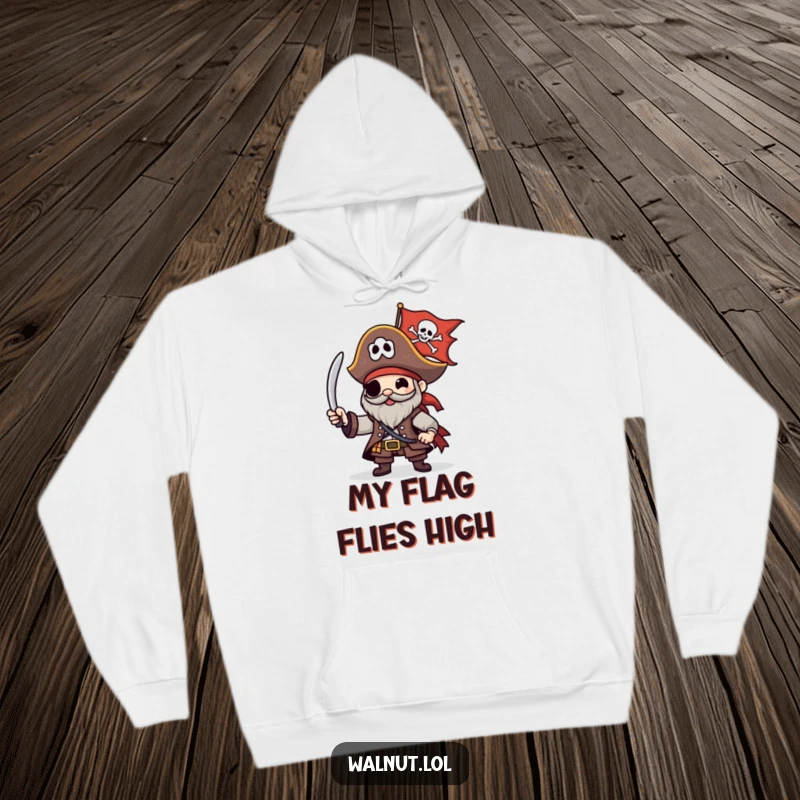 Funny Pirate Hoodie with a character happily waving a Jolly Roger flag, perfect for staying warm during maritime adventures.