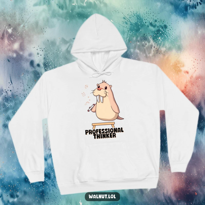 Funny walrus wearing hoodie, sketching hilarious ideas on a whiteboard with a flipper, radiating creative energy.