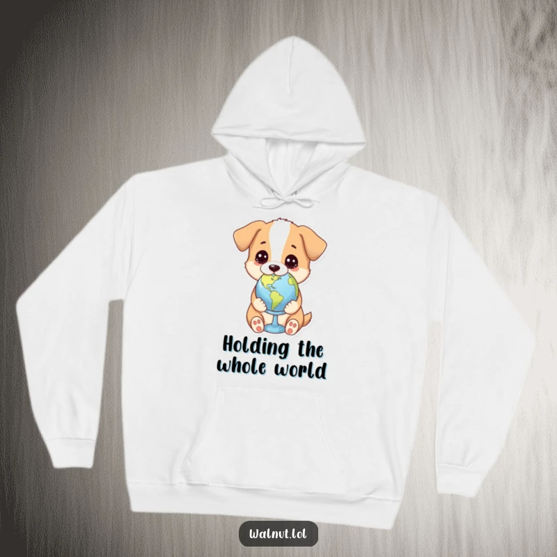 Funny hoodie with a dog holding a tiny globe with a thoughtful expression, perfect for cozy contemplation of global matters.