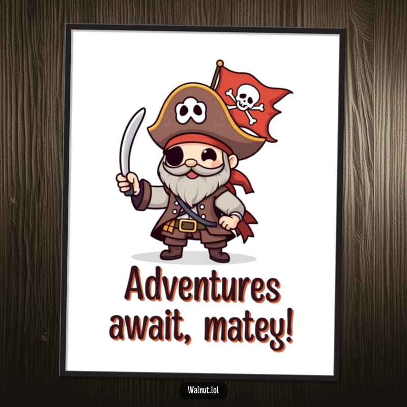 Funny Free Printable Wall Art: A pirate character enthusiastically waving a Jolly Roger flag, embodying freedom and adventure.