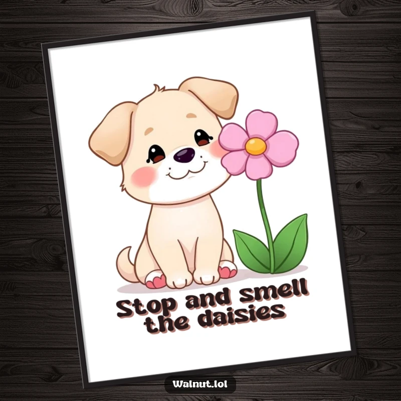 Funny Free Printable Wall Art: Dog with a serene, happy smile gently interacting with a beautiful flower, embodying peace and nature's beauty.