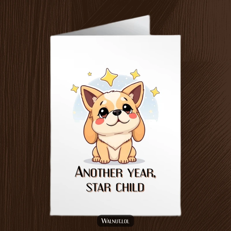 Funny free printable birthday card with a dog looking wisely at a starry night sky, contemplating the universe.