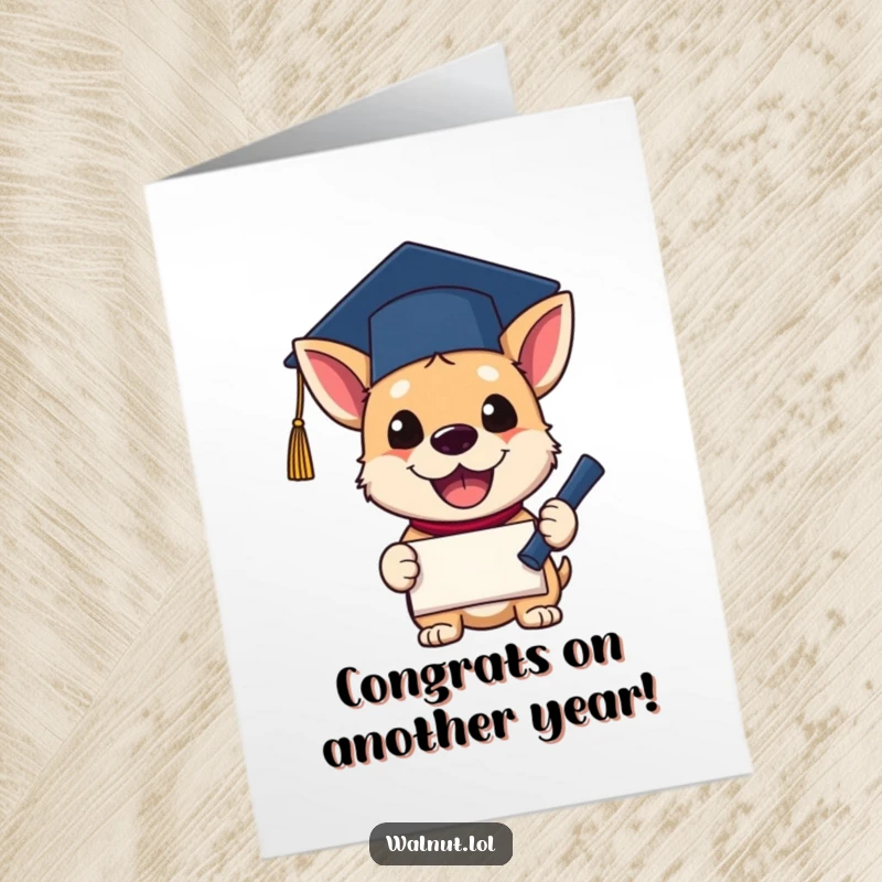 Funny Free Printable Birthday Card: An excited dog in a graduation cap holds a diploma, radiating celebratory energy.