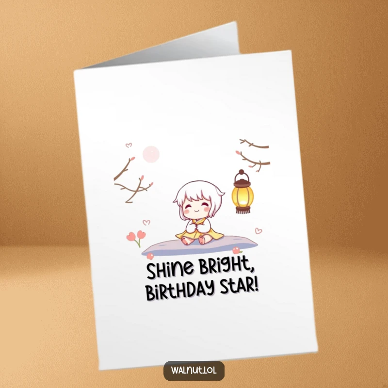Funny Free Printable Birthday Card: Character relaxes happily beside a glowing lantern, radiating warmth and birthday cheer.