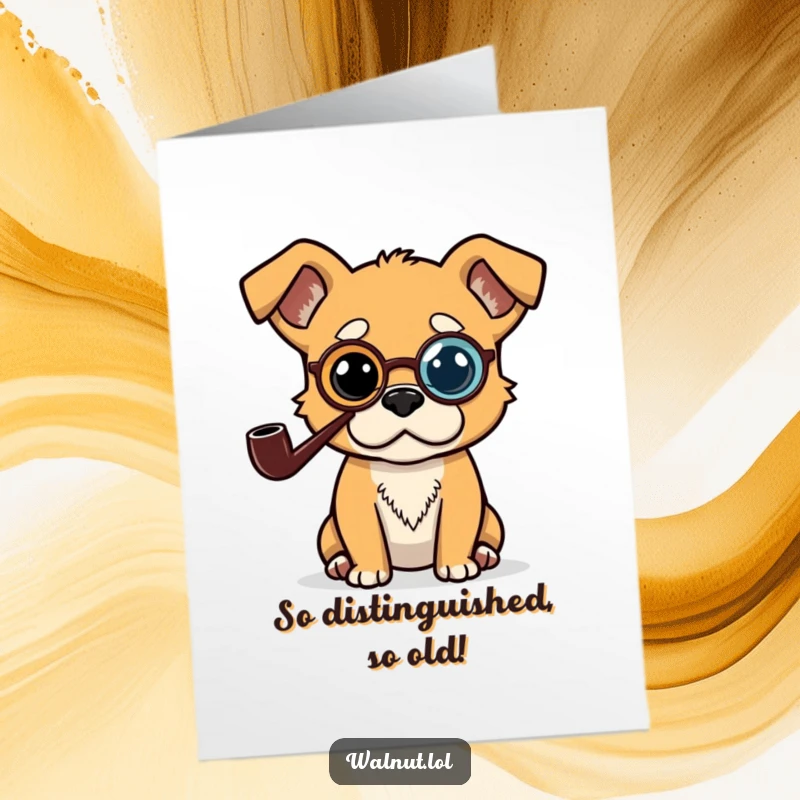 Funny free printable birthday card featuring a dapper dog in a monocle and pipe, deep in thought.