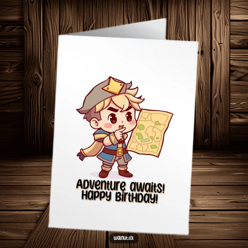 Funny Free Printable Birthday Card: Character points resolutely at a map, plotting a course for birthday fun.