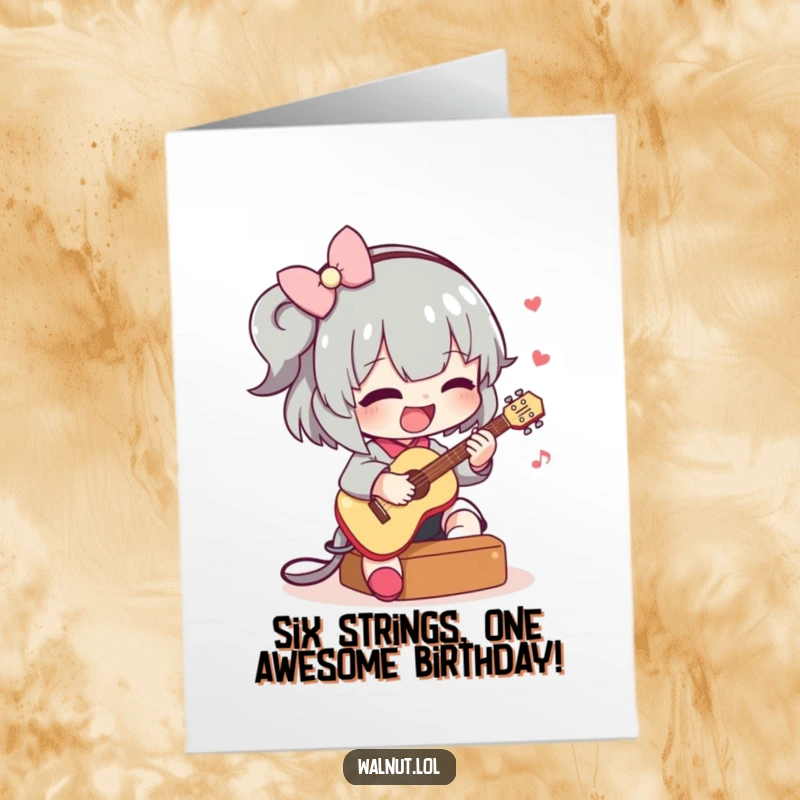 Funny Free Printable Birthday Card featuring a character joyfully strumming a tiny guitar, spreading musical birthday cheer.