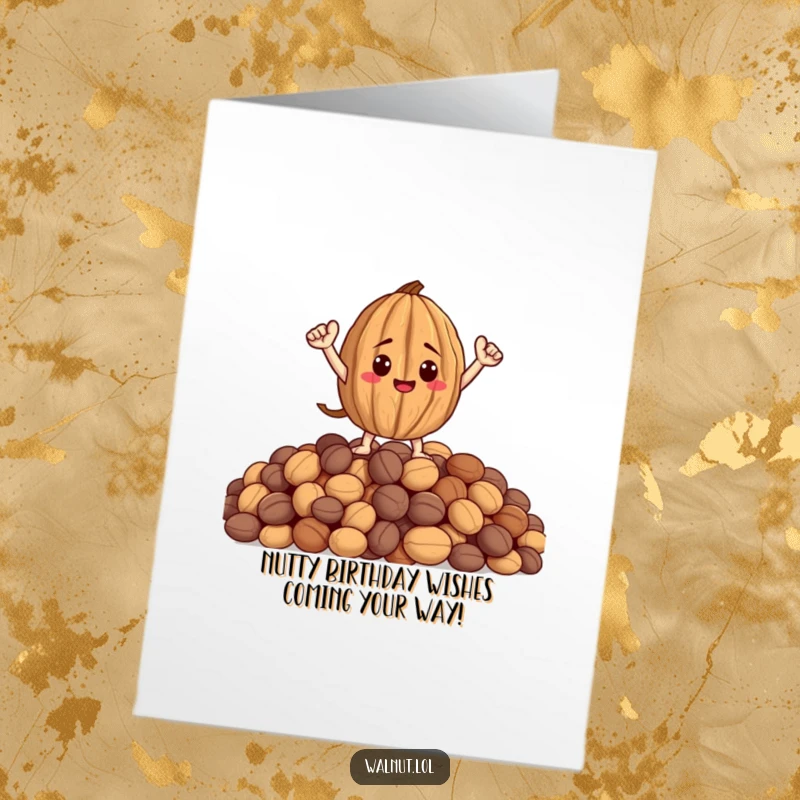Funny Free Printable Birthday Card: A tiny-armed walnut poses heroically atop a mountain of nuts, ready to celebrate.