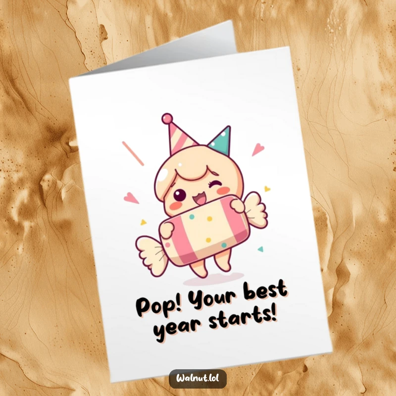 Funny Free Printable Birthday Card: A character smiling while pulling an oversized party cracker, celebrating joyfully, downloadable.