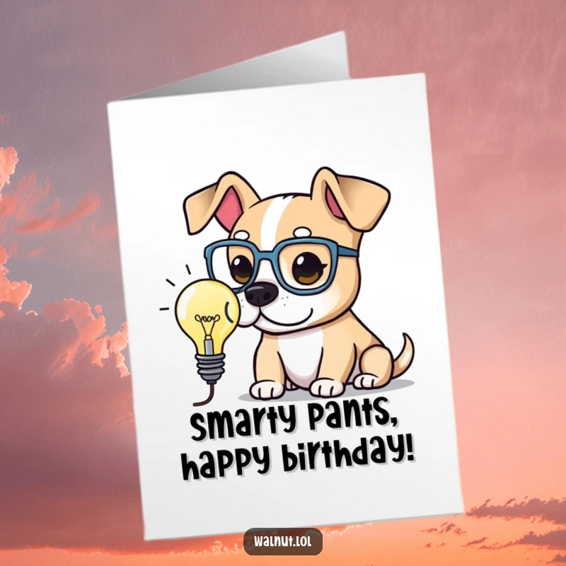Funny Free Printable Birthday Card: A dog in large spectacles pondering a glowing lightbulb, symbolizing a brilliant thought.