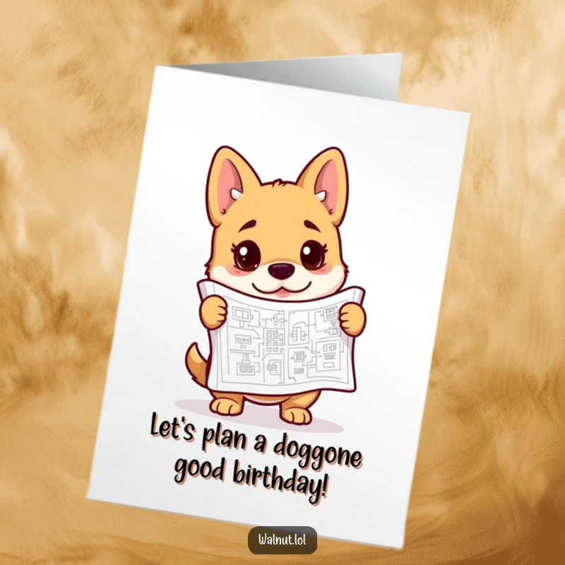 Funny free printable birthday card: a curious dog intently studying a complex blueprint, ready for a birthday build.