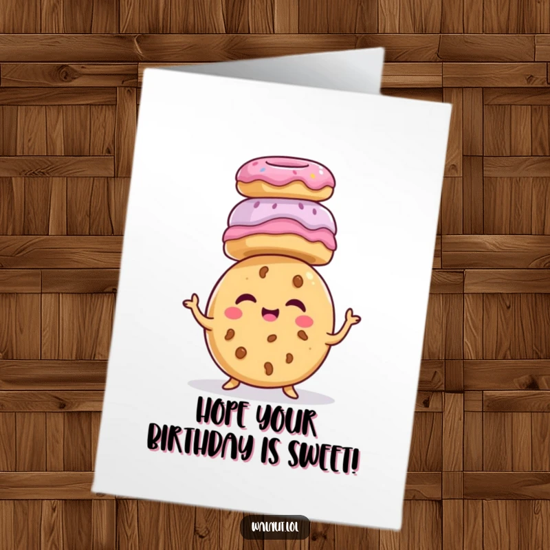 Funny Free Printable Birthday Card: A giggling cookie character balances a tall stack of mini donuts on its head.