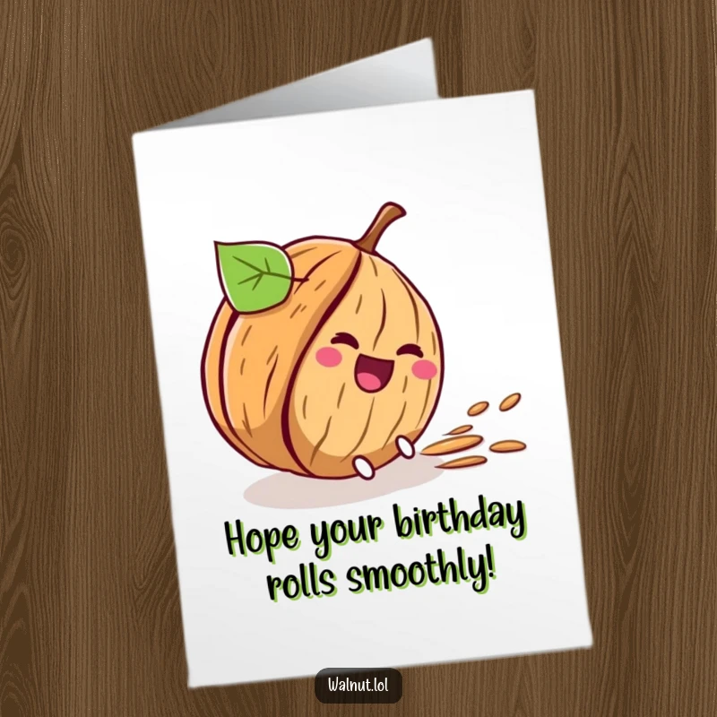 Funny Free Printable Birthday Card: A walnut comically tumbles downhill, leaving a trail of laughter and birthday cheer.