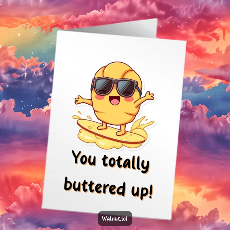 Free Printable Congratulations Card of a joyful croissant character wearing sunglasses surfing on a butter ripple.