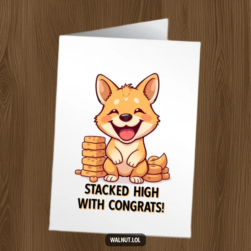 Funny Free Printable Congratulations Card: A happy dog beaming with a grin, successfully balancing an impressive tower of tasty treats.