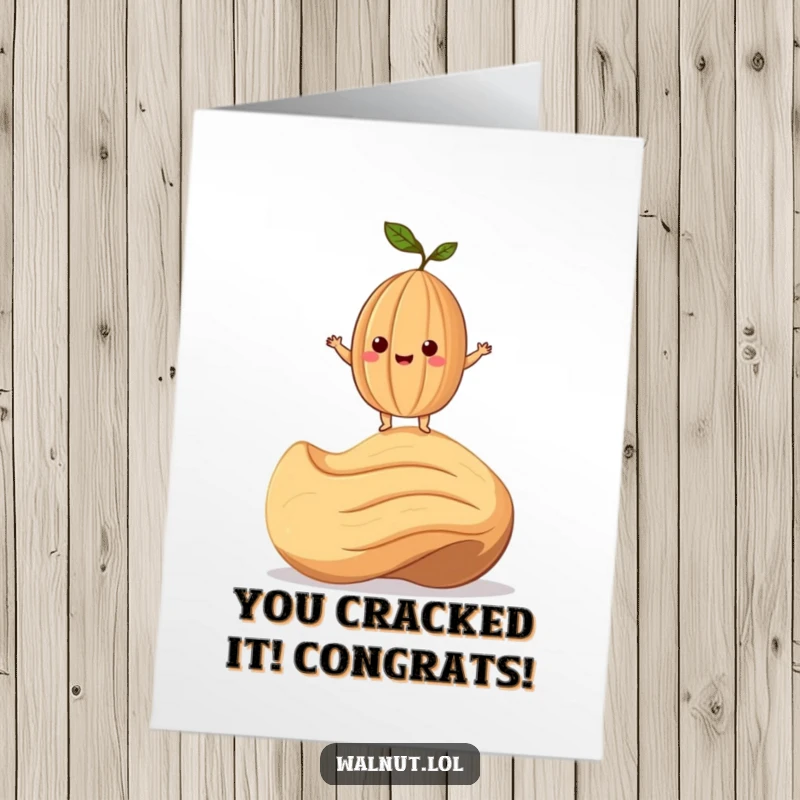 Funny free printable congratulations card showing a smiling walnut character achieving a precarious balance on a giant cashew.