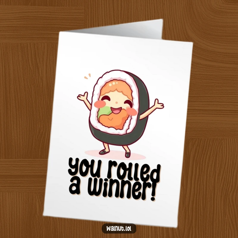 Funny Free Printable Congratulations Card showing a happy sushi roll character doing a hilarious silly dance.