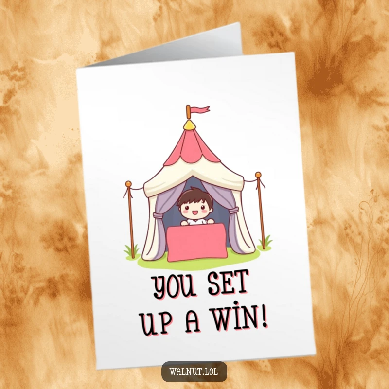 Funny Free Printable Congratulations Card showing a character setting up a colorful tent, celebrating new ventures.