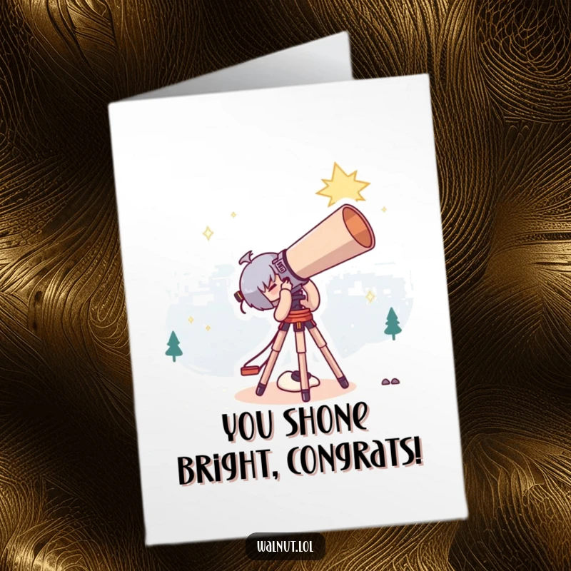 Funny Free Printable Congratulations Card featuring a character stargazing through a huge telescope, celebrating cosmic achievements.