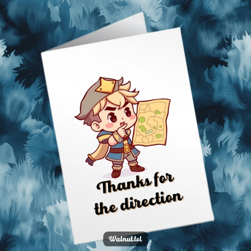 Funny Free Printable Thank You Card: A determined character points at a map, showing gratitude for a well-guided path.