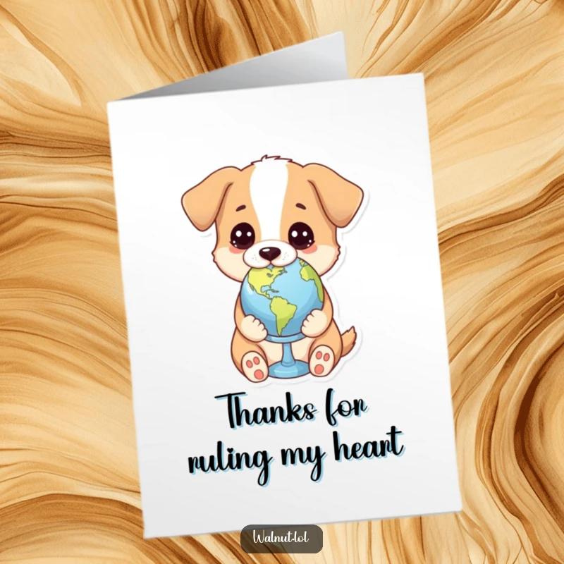 Funny free printable thank you card featuring a dog holding a small globe, looking at it with a pensive gaze.