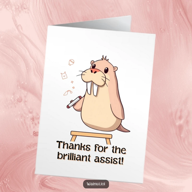 Funny Free Printable Thank You Card: Walrus artist sketching a thank you note, conveying heartfelt appreciation with a humorous twist.