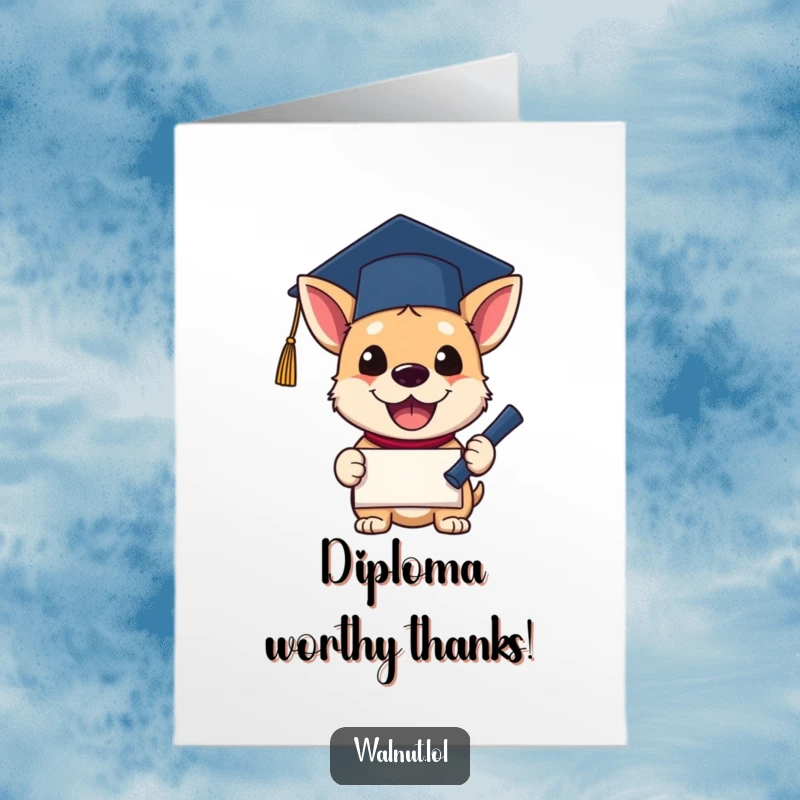 Funny Free Printable Thank You Card: A dog in graduation attire happily clutches a diploma, perfect for a thankful message.