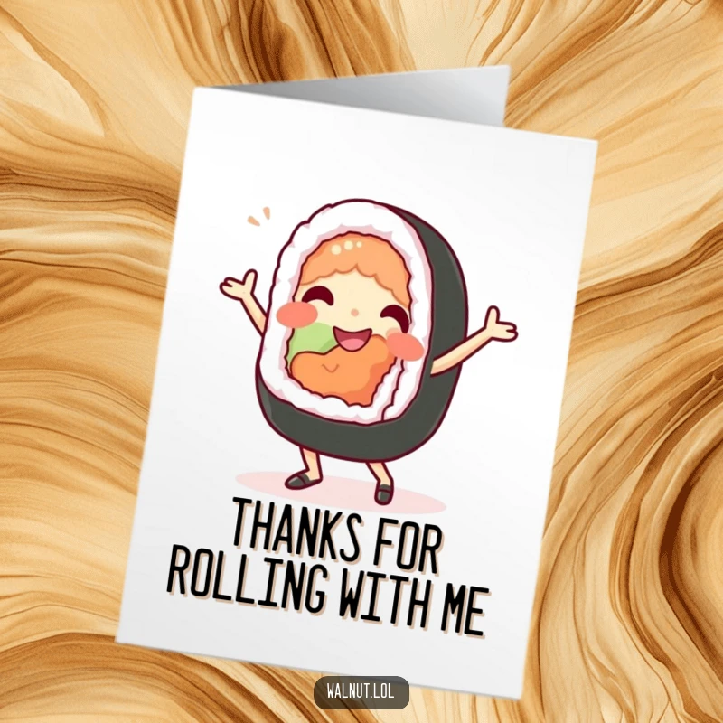 Funny Free Printable Thank You Card depicting a beaming sushi roll character performing an energetic silly dance.