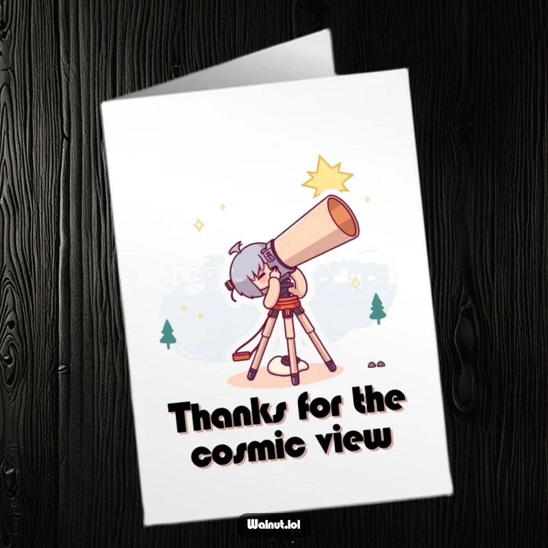 Funny Free Printable Thank You Card of a character using a giant telescope to stargaze, offering great thanks.