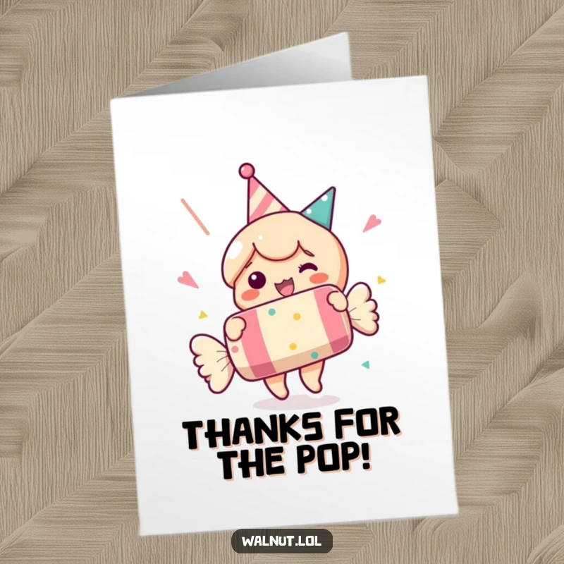 Funny Free Printable Thank You Card: A character joyfully pulling an oversized party cracker, spreading happiness, downloadable.