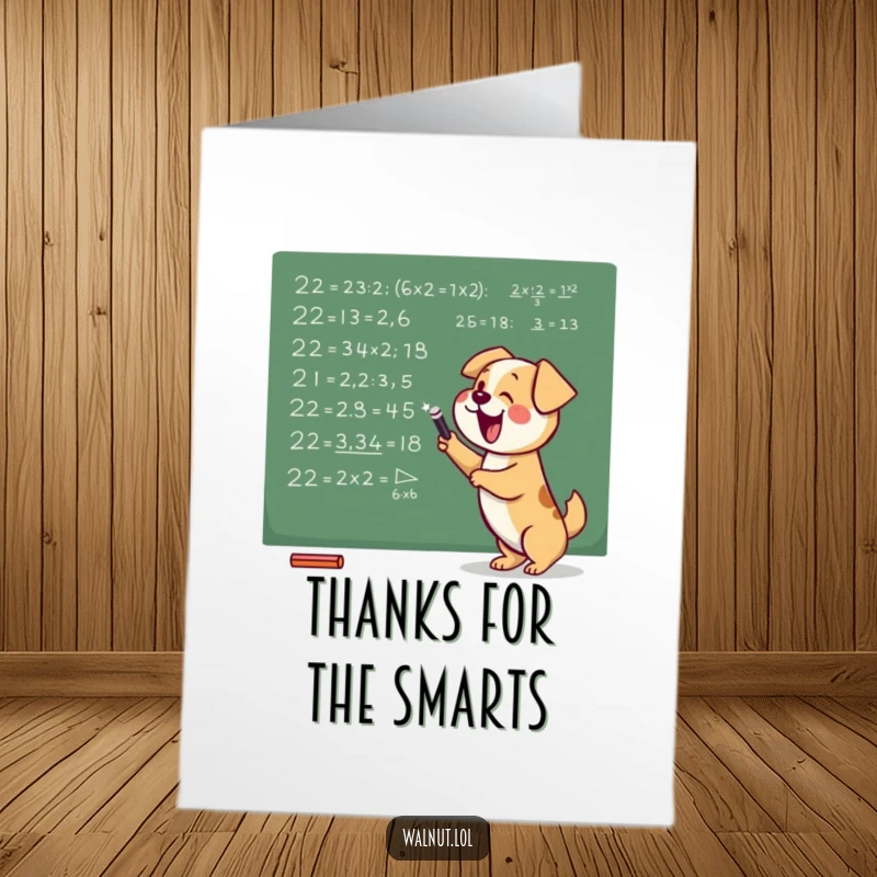 Funny Free Printable Thank You Card: A clever dog scribbling advanced math equations on a chalkboard, saying thanks.