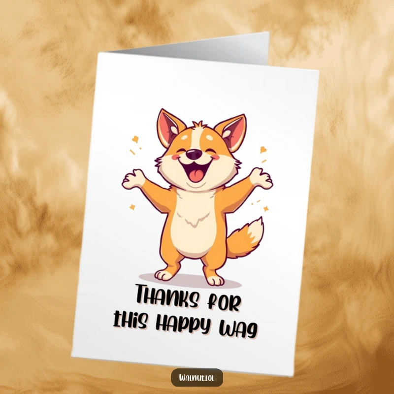 Funny free printable thank you card of a wild dog doing a happy dance, conveying immense appreciation and joy.