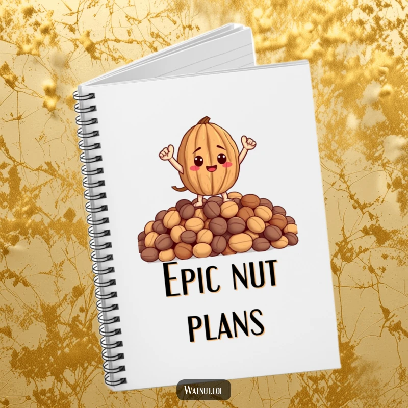 Funny notebook with a heroic walnut character striking a pose on a pile of nuts, perfect for jotting down ideas.