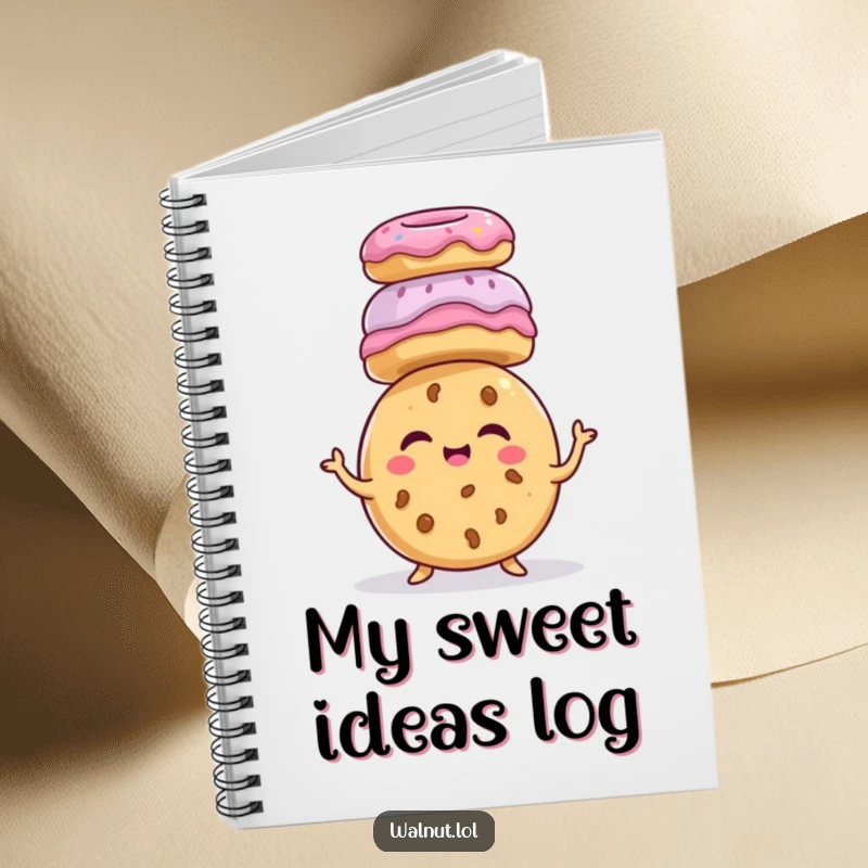 Funny giggling cookie character, balancing donuts on head, sweet treat humor, journal, funny stationery, happy food.