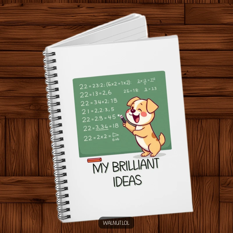 Funny notebook cover with a dog excitedly writing mathematical equations on a chalkboard, encouraging witty note-taking and ideas.