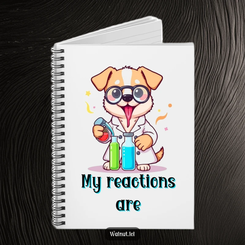 Funny lab coat dog notebook with a scientist dog mixing liquids, ideal for recording experiments and bright ideas.